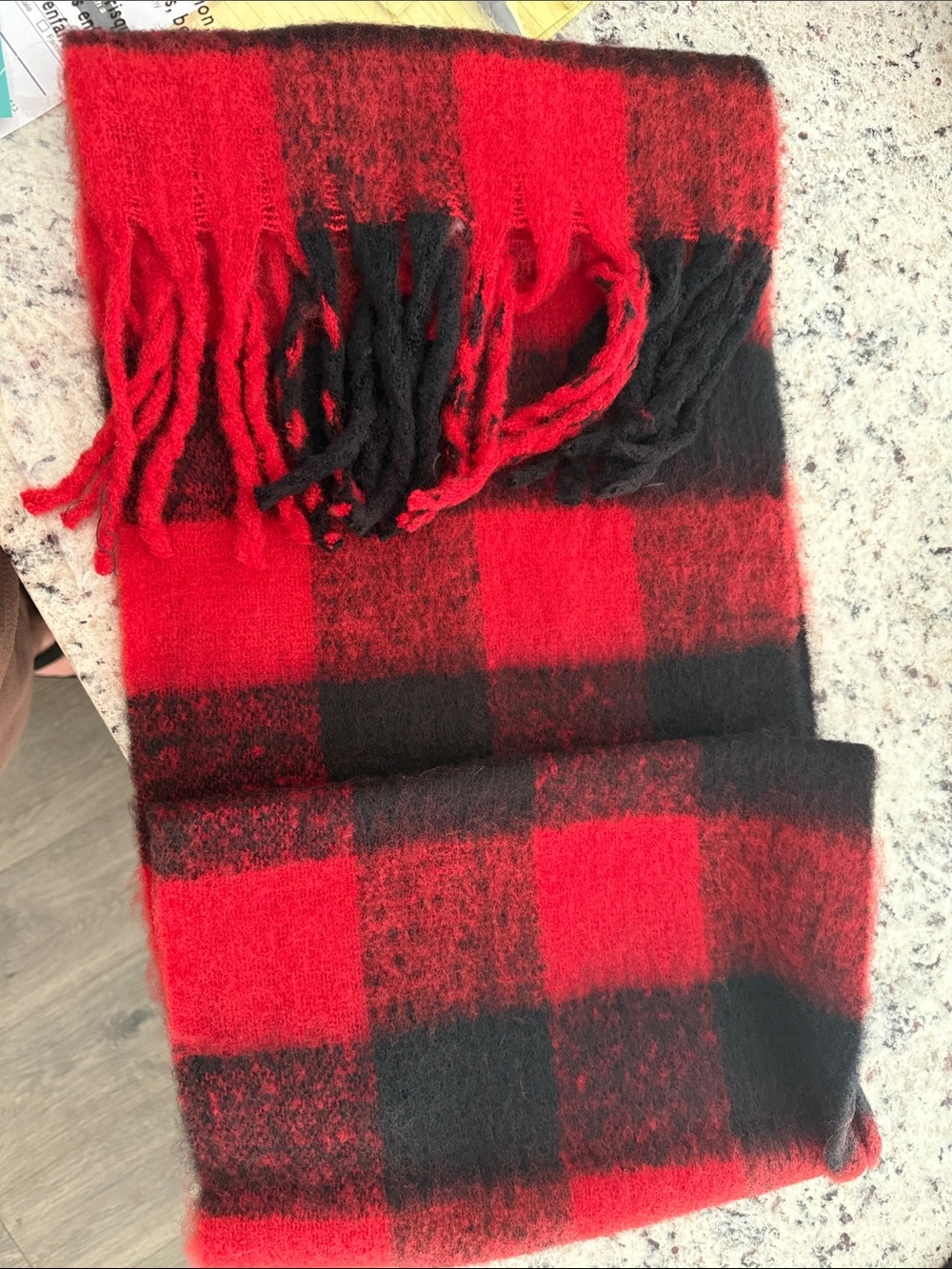 Maurices Red and Black Buffalo Plaid Scarf with Fringe